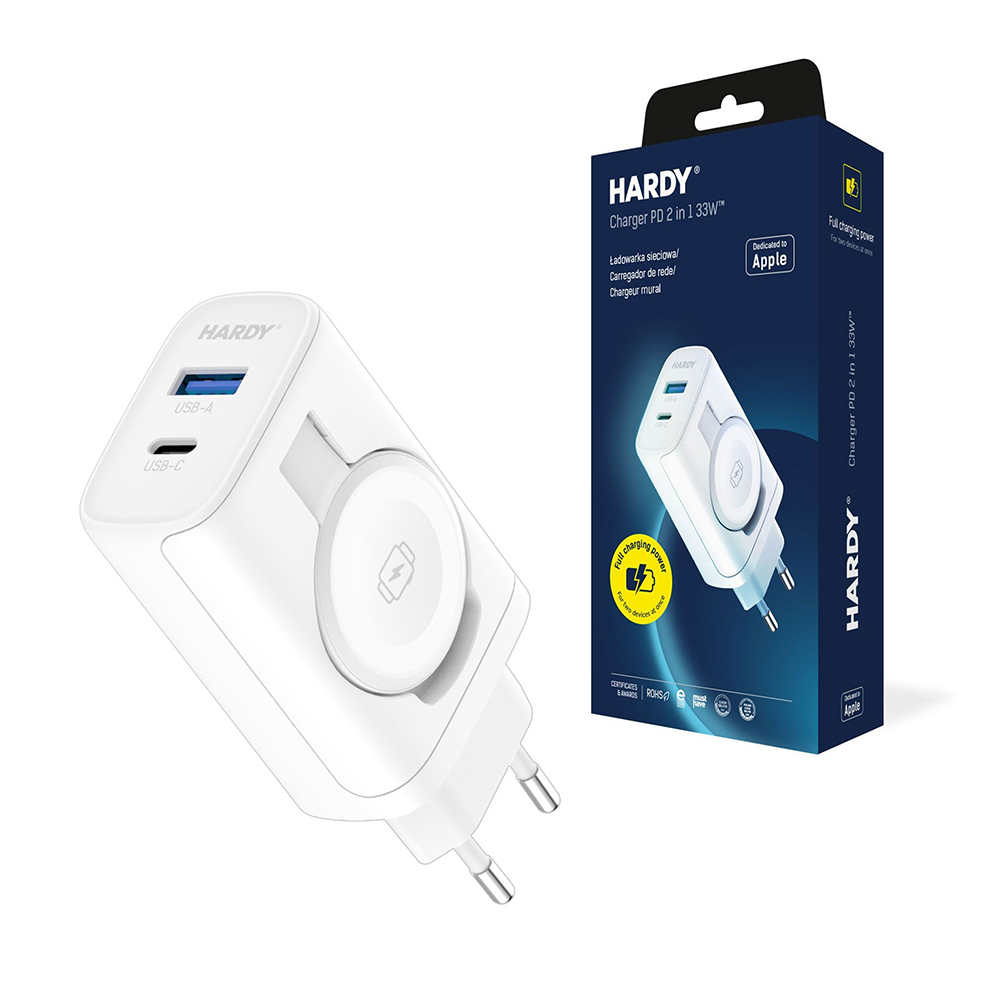 Зарядно за Priza, USB-C/A, Apple Watch Wireless, PD33W - 3mk Hardy - Бял