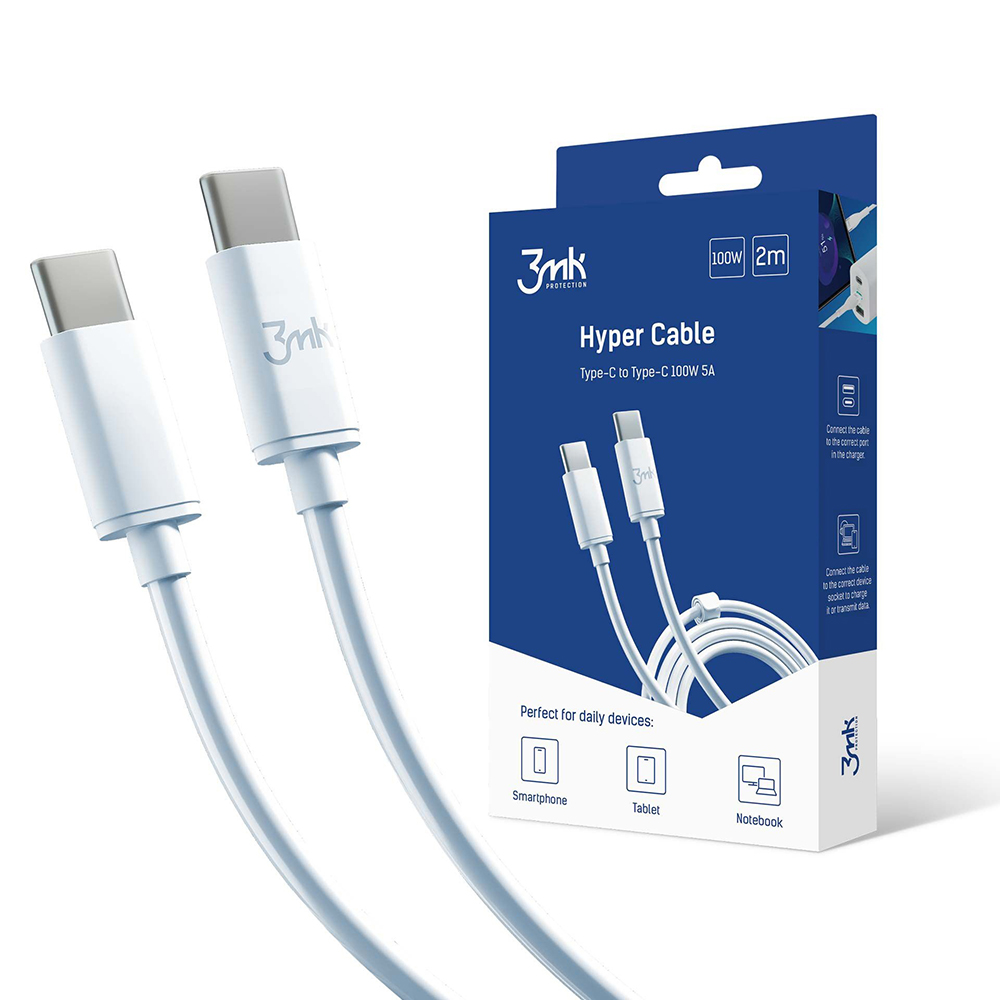 USB-C кабел, 100W, 5A, 2m - 3mk Hyper - Бял