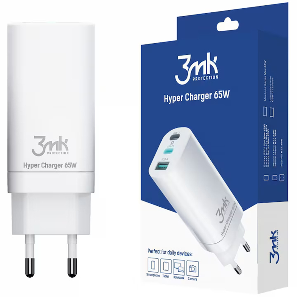Зарядно устройство с щепсел, 2x Type-C, 1x USB-A, GaN Technology, Quick Charge, 65W - 3mk Hyper - Бяло