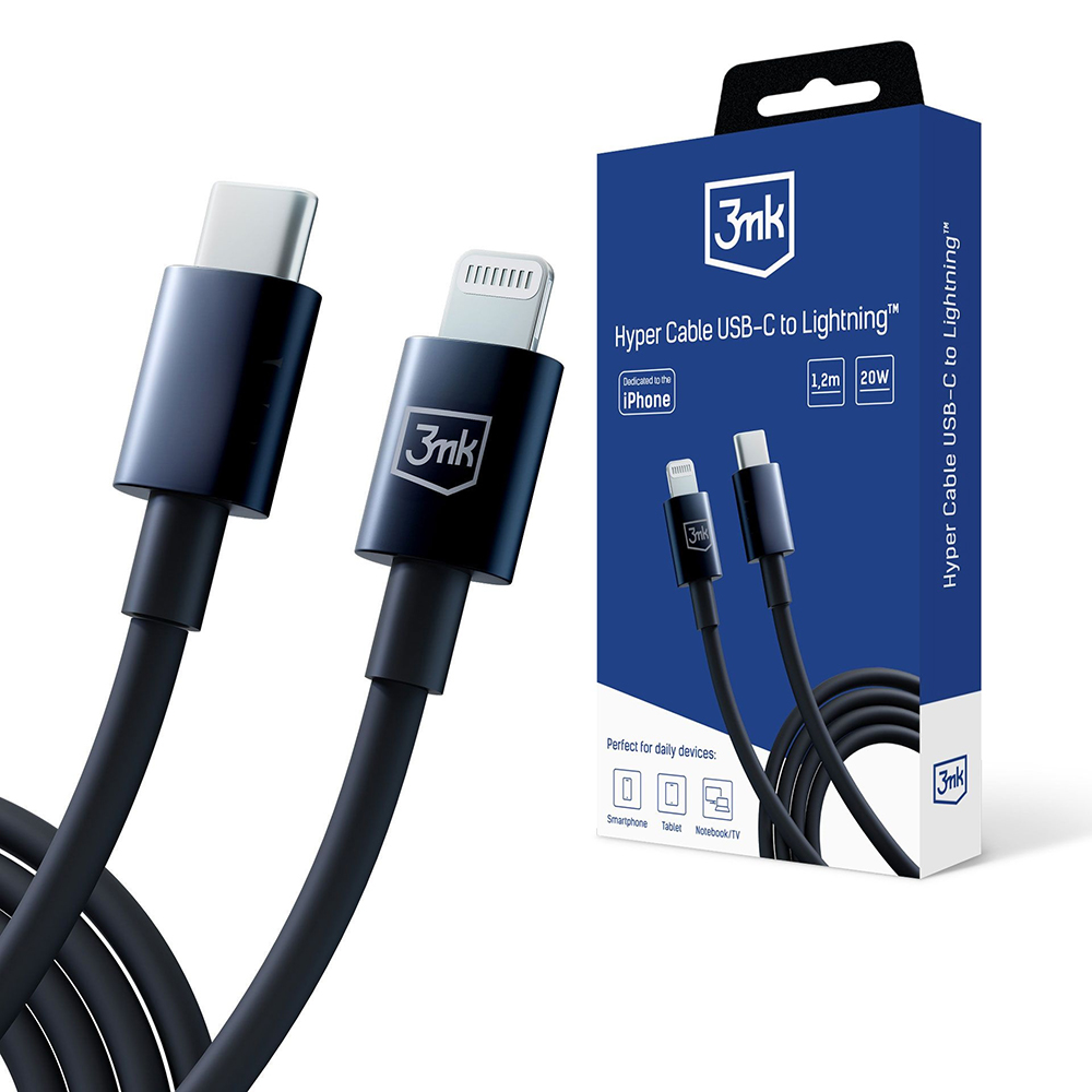 Кабел USB-C към Lightning, 20W, 5A, 1.2m - 3mk Hyper - Черен