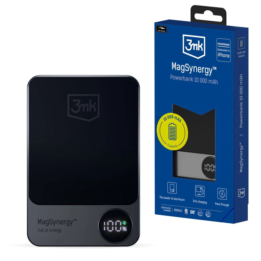 Външна батерия, цифров дисплей, 10000mAh, 18W, технология MagSafe/Qi - 3mk MagSynergy - Сив