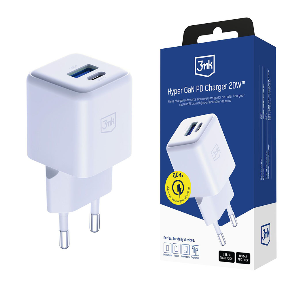 Зарядно устройство, 20W, USB-A + USB-C, GaN, QC4 + PD - 3mk Hyper - Бяло