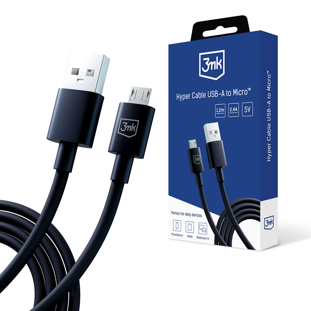 Кабел, USB-A към Micro-USB, 5V, 2.4A, 1.2m - 3mk Hyper - Черен