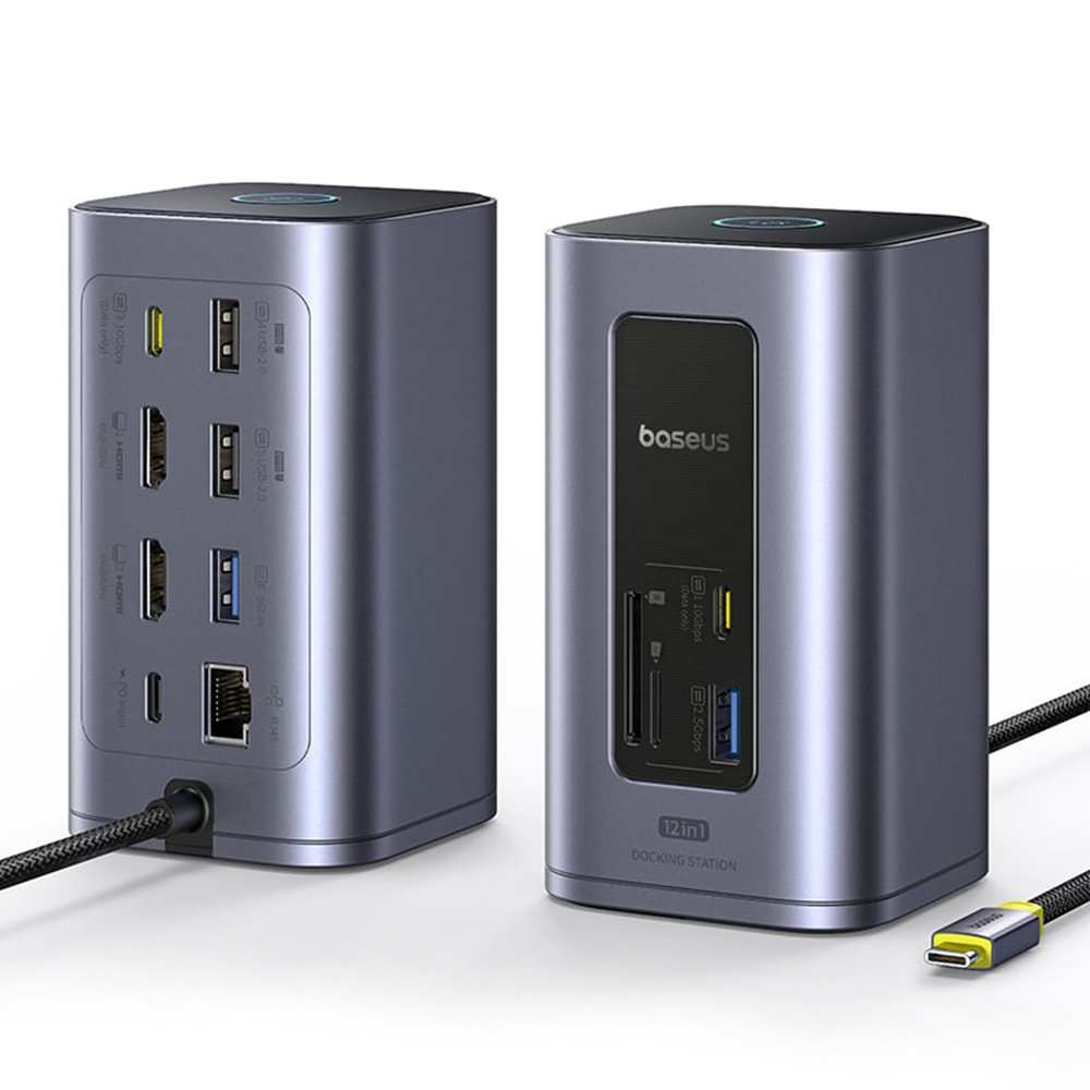 Докинг станция USB-C към 2x HDMI, 3x USB-C, 4x USB, RJ45, SD/TF, 4K@60Hz, 10Gbps - Baseus (B00568103813-00) - Космически сив