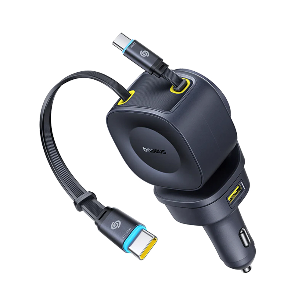 Зарядно за кола с прибиращ се кабел, USB, 3x Type-C, 163W - Baseus PrimeTrip VR2 Max (C0206500) - черно