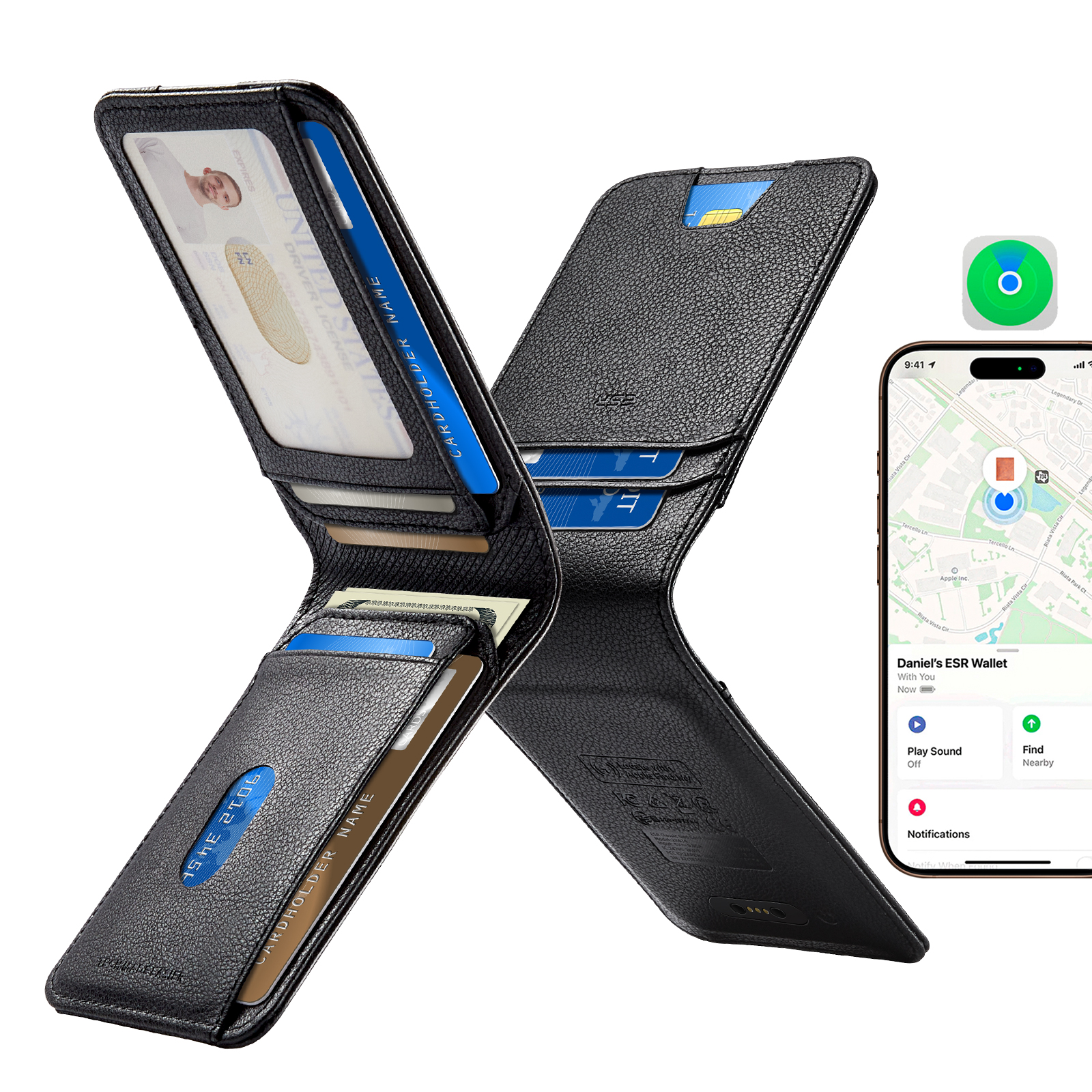 PU портфейл, Apple Find My, Card&Cash - ESR Classic Geo - Twilight Черен
