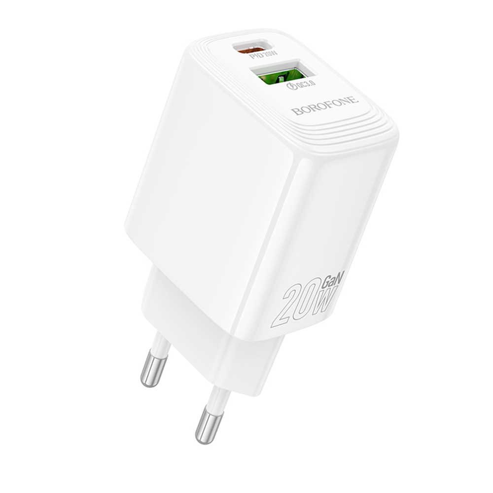 Plug Charger, Type-C + USB-A, PD20W, QC3.0, GaN - Borofone Fuente (BN27) - Бял