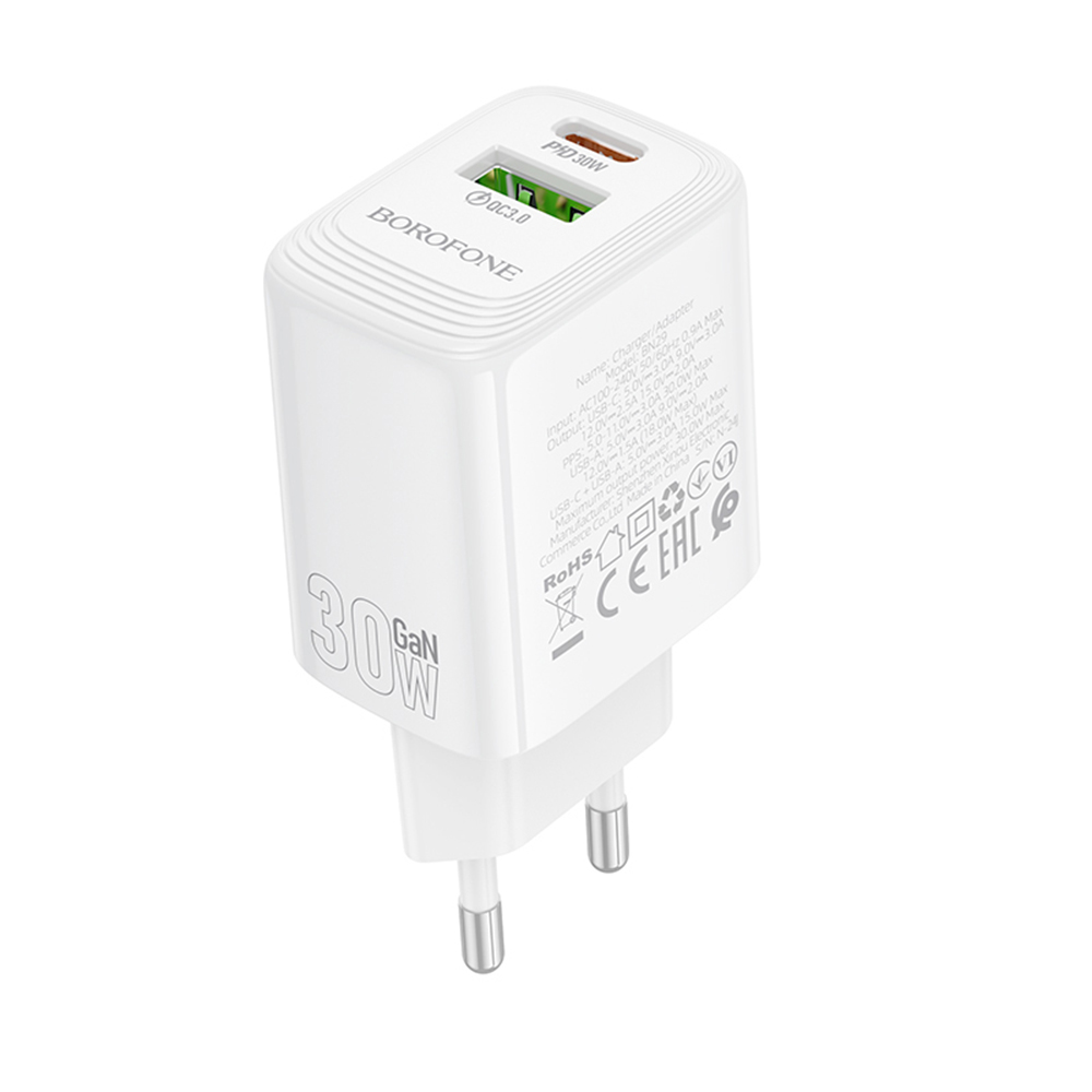 Plug Charger, USB + Type-C, PD30W, QC3.0, GaN - Borofone Fuente (BN29) - Бял