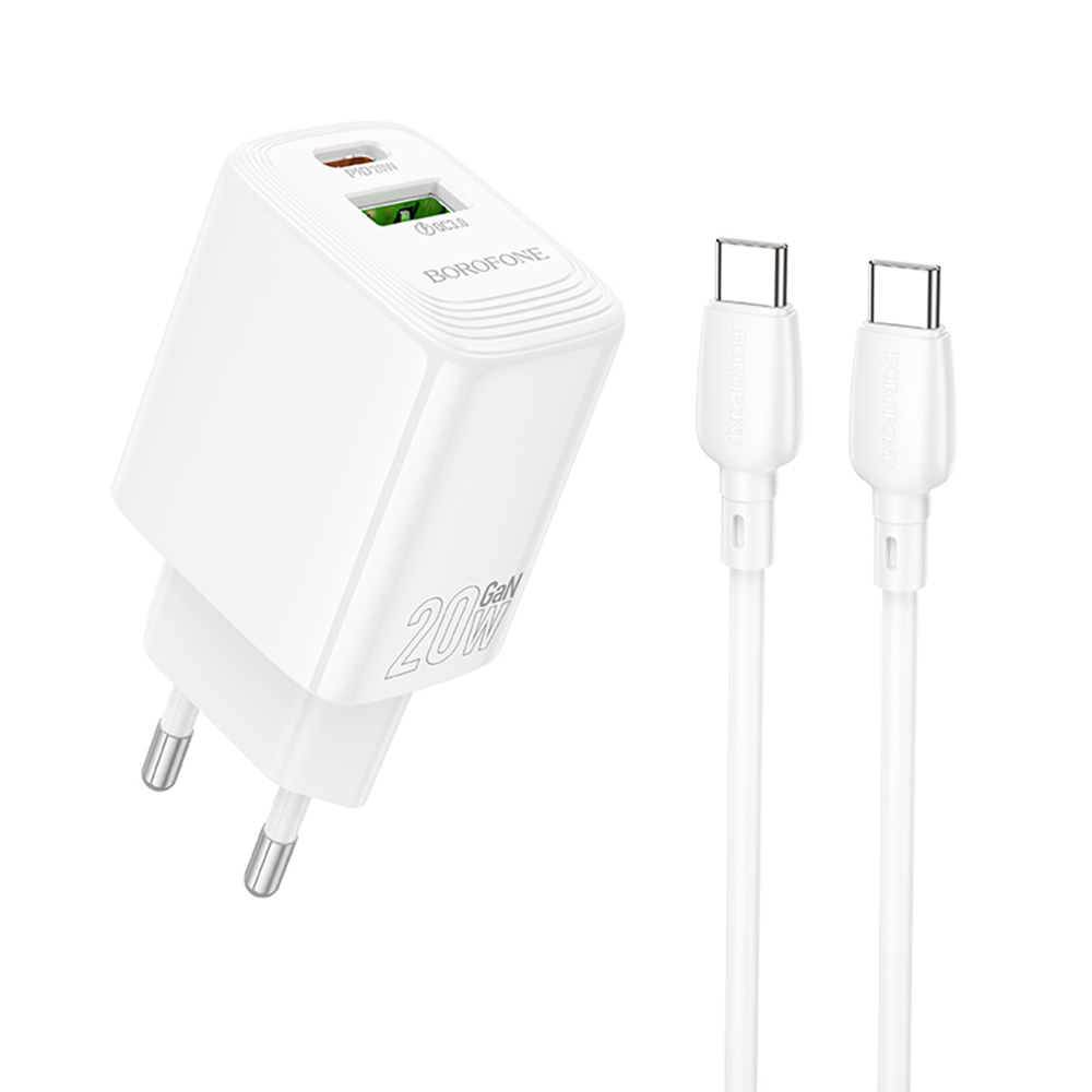 Зарядно устройство с щепсел, Type-C + USB-A, PD20W, QC3.0, GaN + USB-C кабел - Borofone Fuente (BN27) - Бял