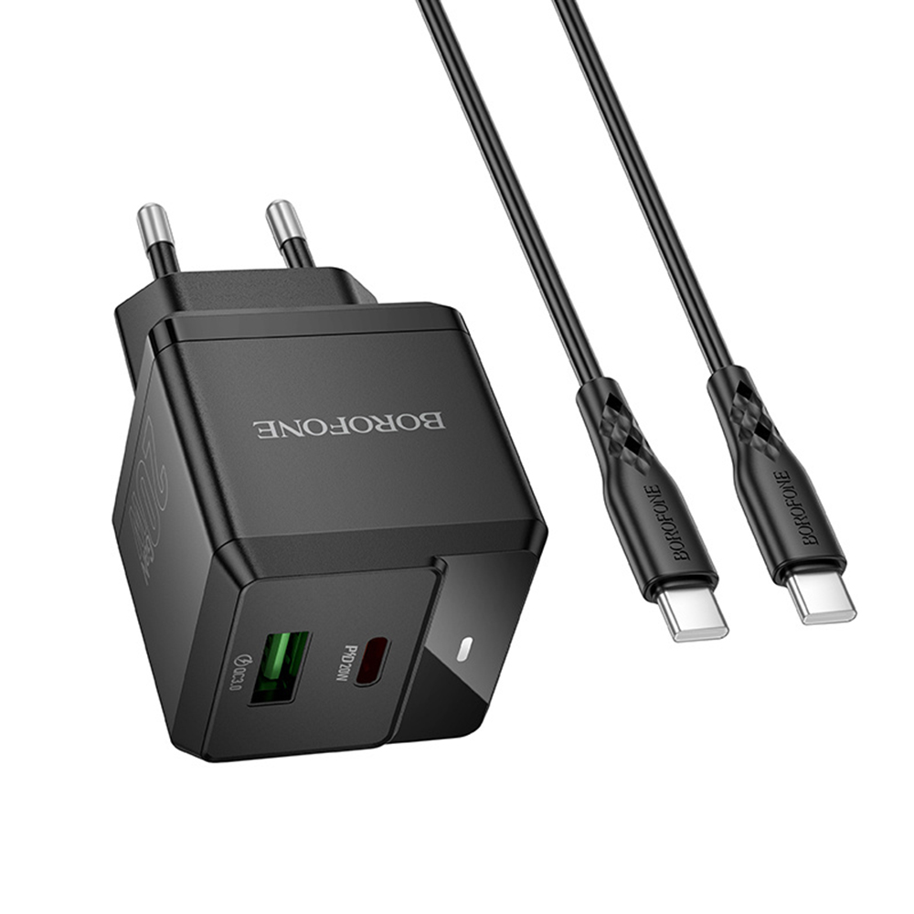 Зарядно устройство, USB + Type-C, PD20W, QC3.0, 5V/3A + USB-C кабел - Borofone Intenso (BN19) - Черен