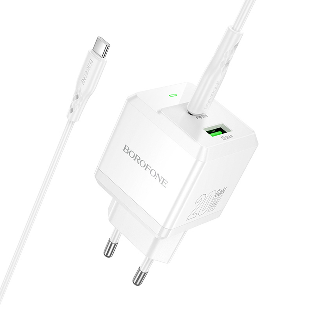 Зарядно устройство, USB + Type-C, PD20W, QC3.0, 5V/3A + USB-C кабел - Borofone Intenso (BN19) - Бял