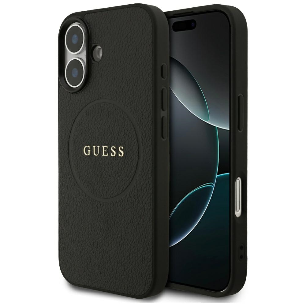 Калъф за iPhone 17 - Guess Grained Златист Ring MagSafe (GUHMP17SPGHSMMK) - Черен