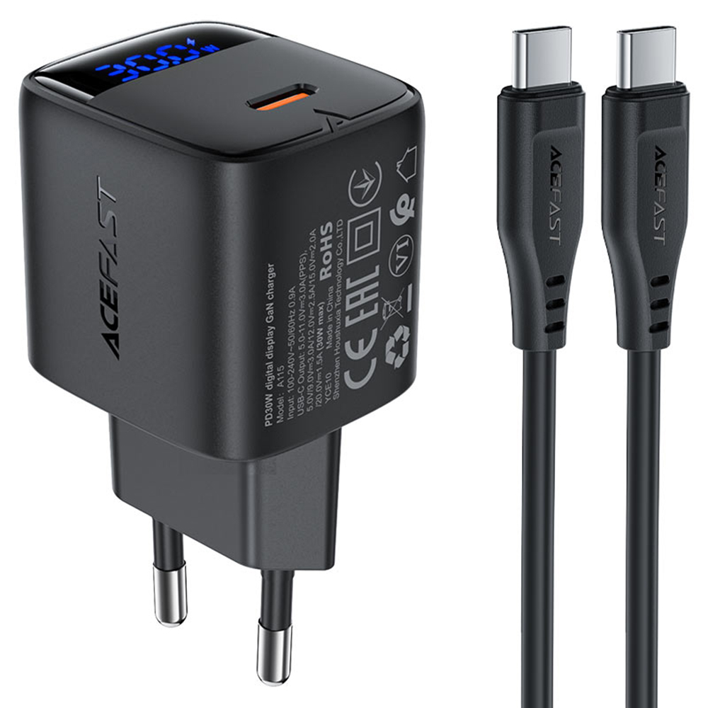 Зарядно за Priza, Type-C, 30W, Fast Charging - Acefast (A115) - Черно