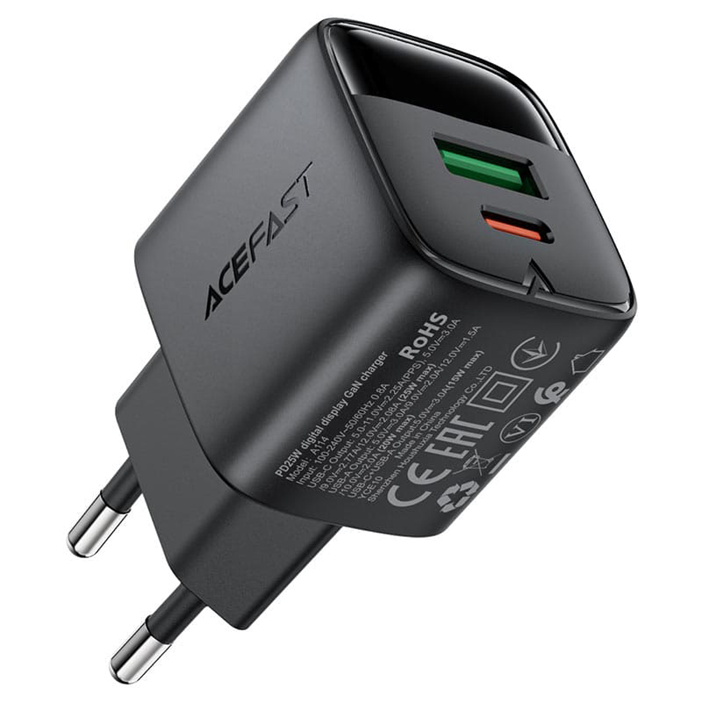 Зарядно за Plug, USB, Type-C, 25W, 5V/3A, Fast Charging - Acefast (A114) - Черен