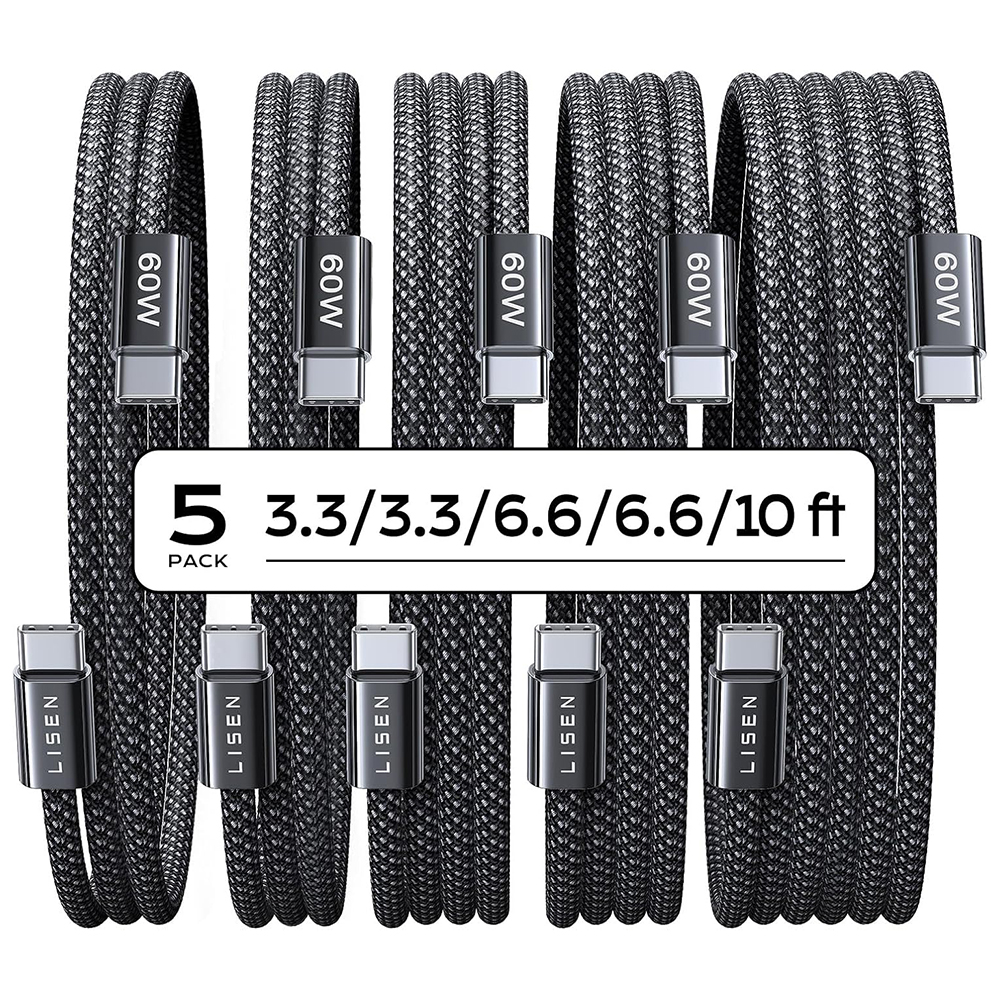 USB-C към USB-C кабел, 60W, 1м/1м/1м/2м/2м/2м/3м (комплект 5 бр.) - Lisen (YL0123070010) - Черен