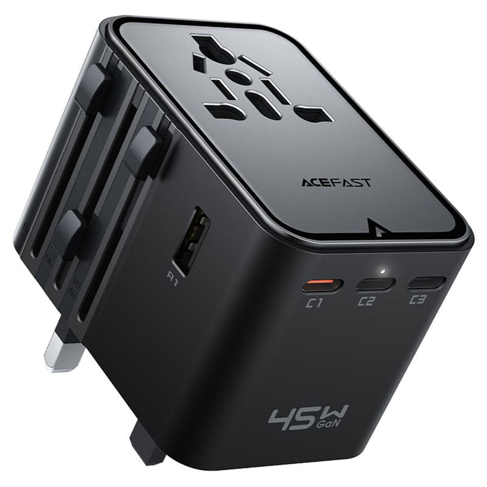Универсален адаптер Priza EU, UK, AUS, US, 3x USB-C, 2x USB, GaN, 45W, бързо зареждане - Acefast (Z8) - Черен