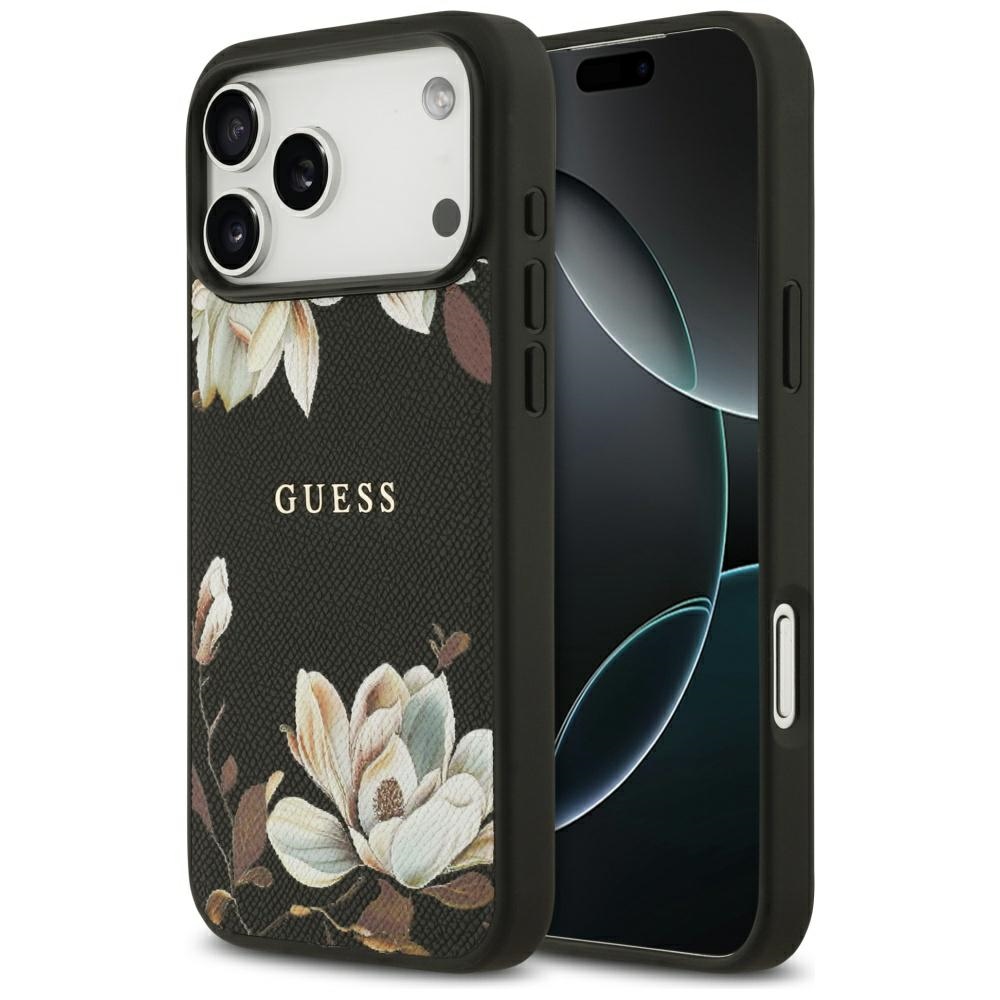 Калъф за iPhone 17 Pro Max - Guess Grained Flowers MagSafe (GUHMP17XPGNMPMPLMK) - Черен
