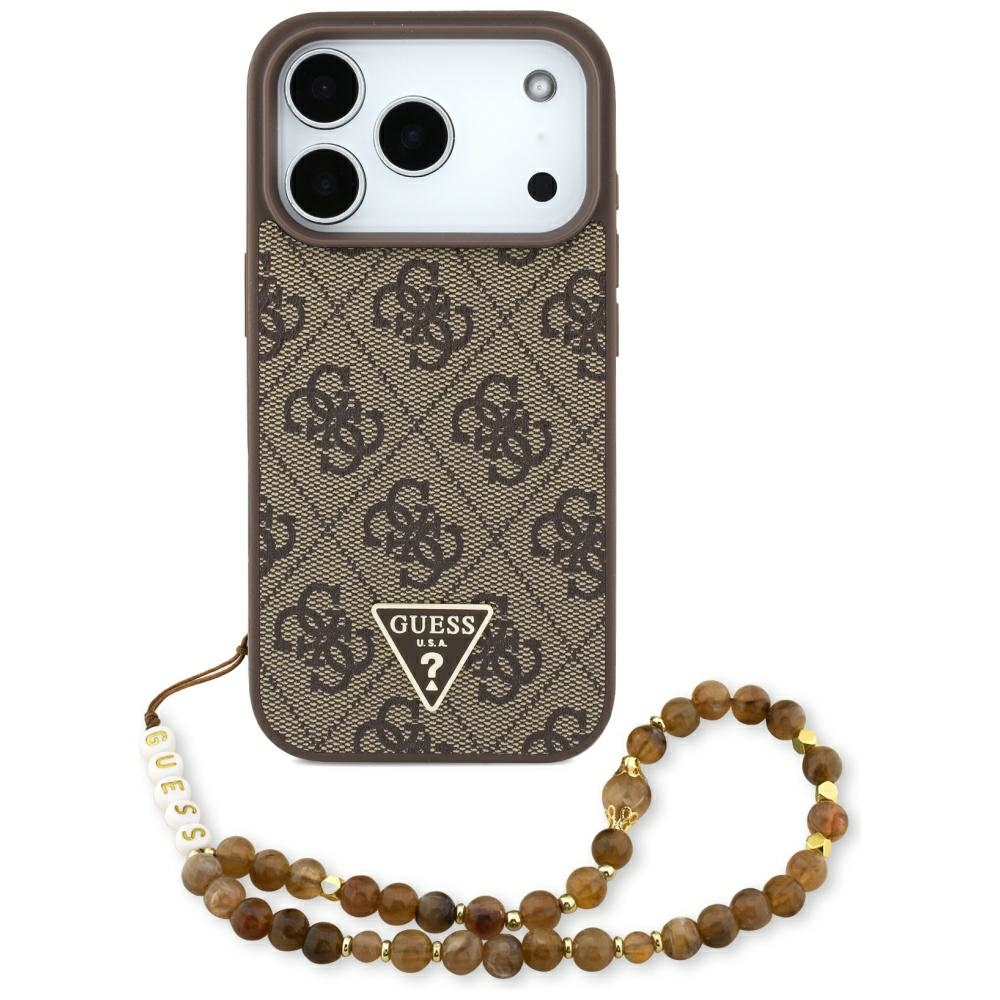 Калъф за iPhone 17 Pro - Guess Hardcase 4G Triangle Logo MagSafe с перлена каишка (GUHMP17LP4TSDPPSW) - Кафяв