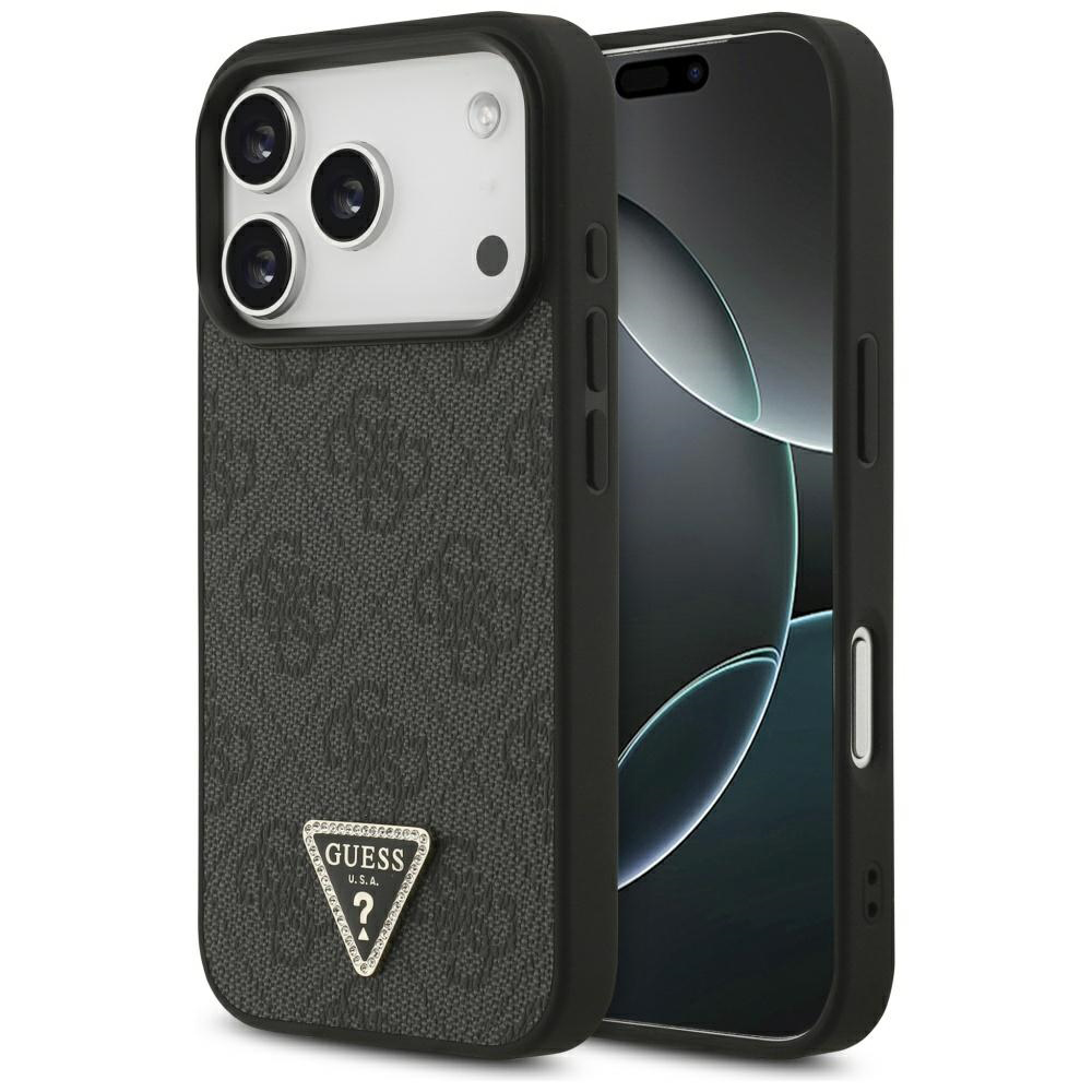 Калъф за iPhone 17 Pro - Guess Leather 4G Triangle Rhinestone Triangle MagSafe (GUHMP17LP4TDPLK) - Черен