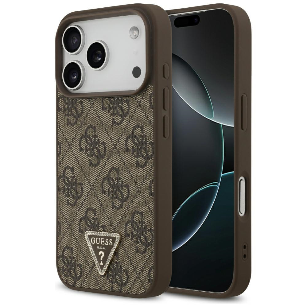 Калъф за iPhone 17 Pro - Guess Leather 4G Triangle Rhinestone Triangle MagSafe (GUHMP17LP4TDPLW) - Кафяв