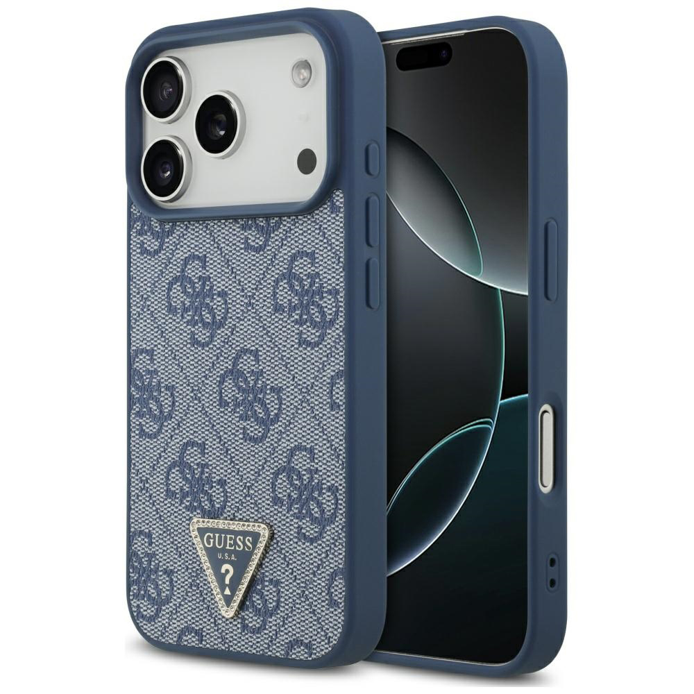 Калъф за iPhone 17 Pro - Guess Leather 4G Triangle Leather Triangle Rhinestone MagSafe (GUHMP17LP4TDPLB) - Син