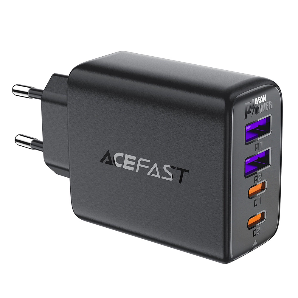Зарядно устройство с щепсел, 2x USB, 2x Type-C, PD45W, 5V/3.6A, бързо зареждане - Acefast (A61) - Черен