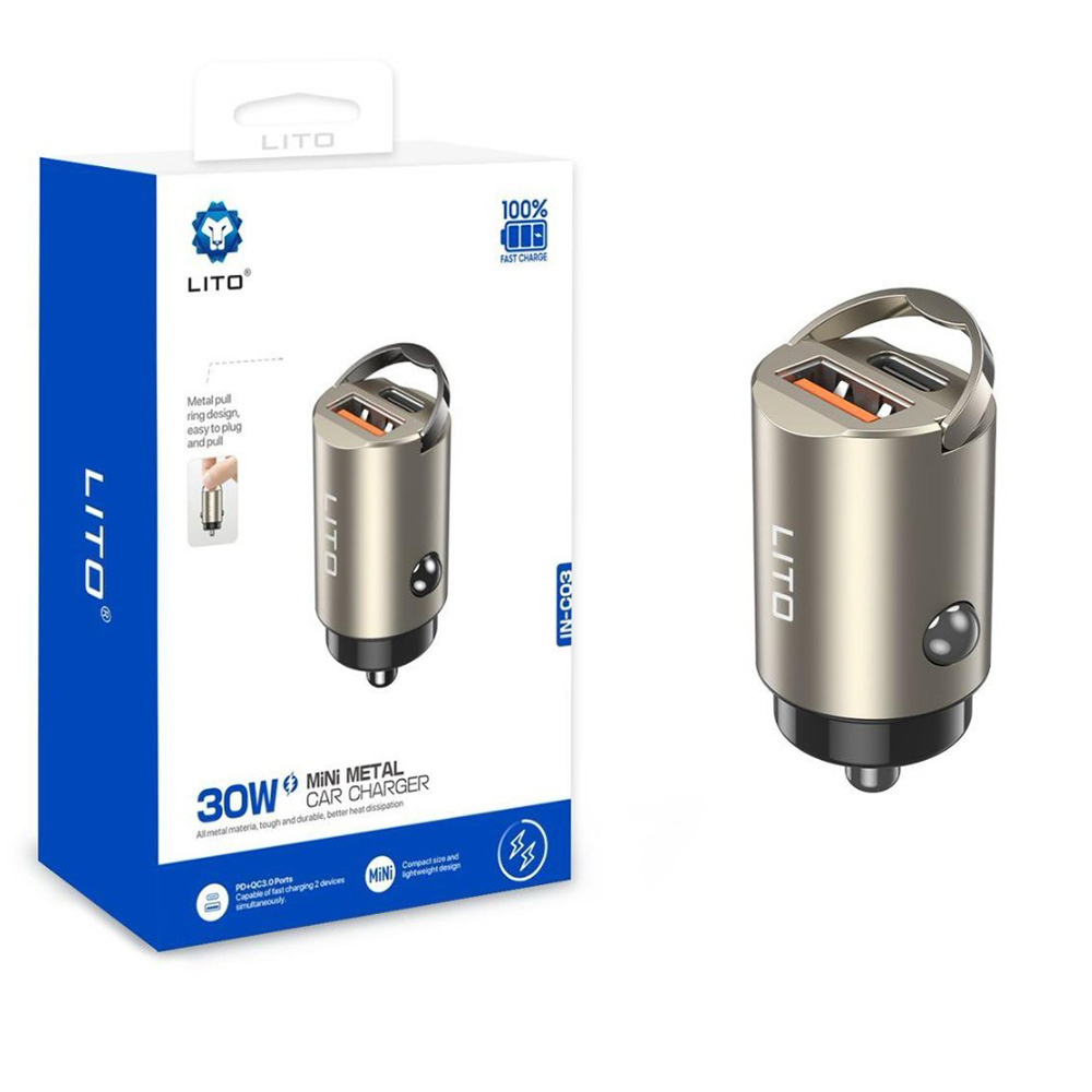 Зарядно за кола, USB-A, USB-C, 30W - Lito (IN-C03) - Gunmetal