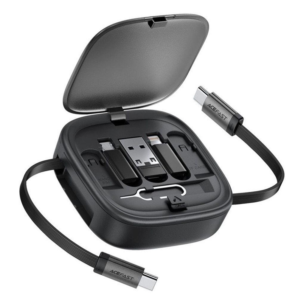 Travel Travel Travel Set с прибиращ се кабел 2x Type-C, USB, Lightning, Micro-USB, TF, SIM, 60W, 3A, 0,95 m - Acefast (J3) - Черен