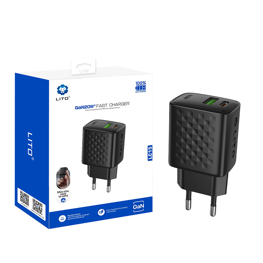 Зарядно устройство с щепсел, USB-C, USB, 20W - Lito (LC15) - черно