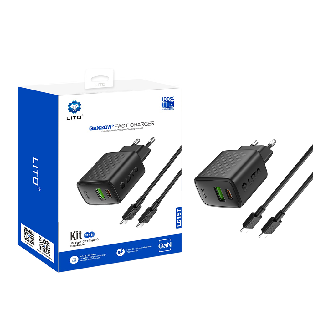 Зарядно устройство с щепсел, USB-C, USB, USB, 20W, включен USB-C кабел - Lito (LC15T) - Черен