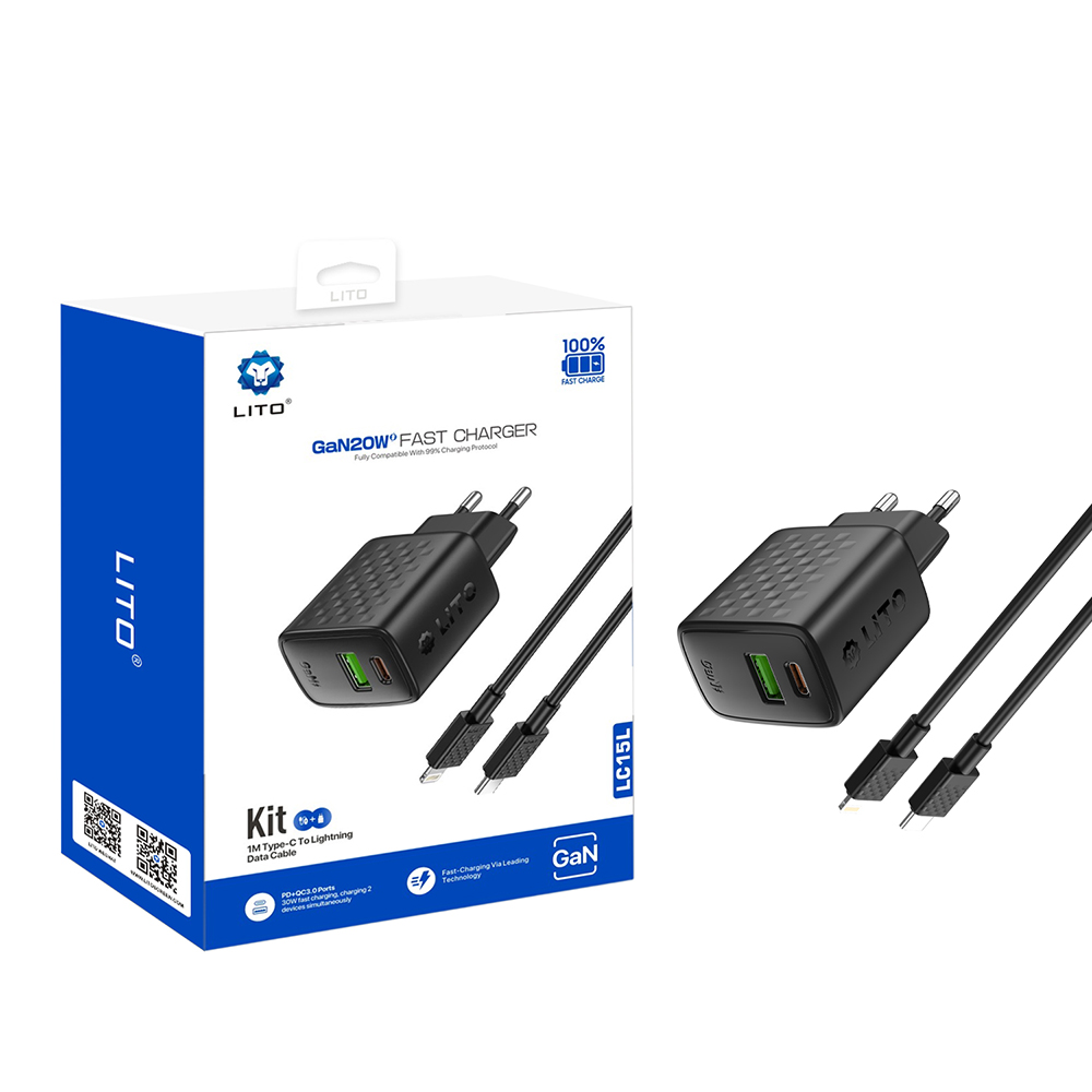 Зарядно устройство с щепсел, USB-C, USB, USB, 20 W, включен Lightning кабел - Lito (LC15L) - Черен