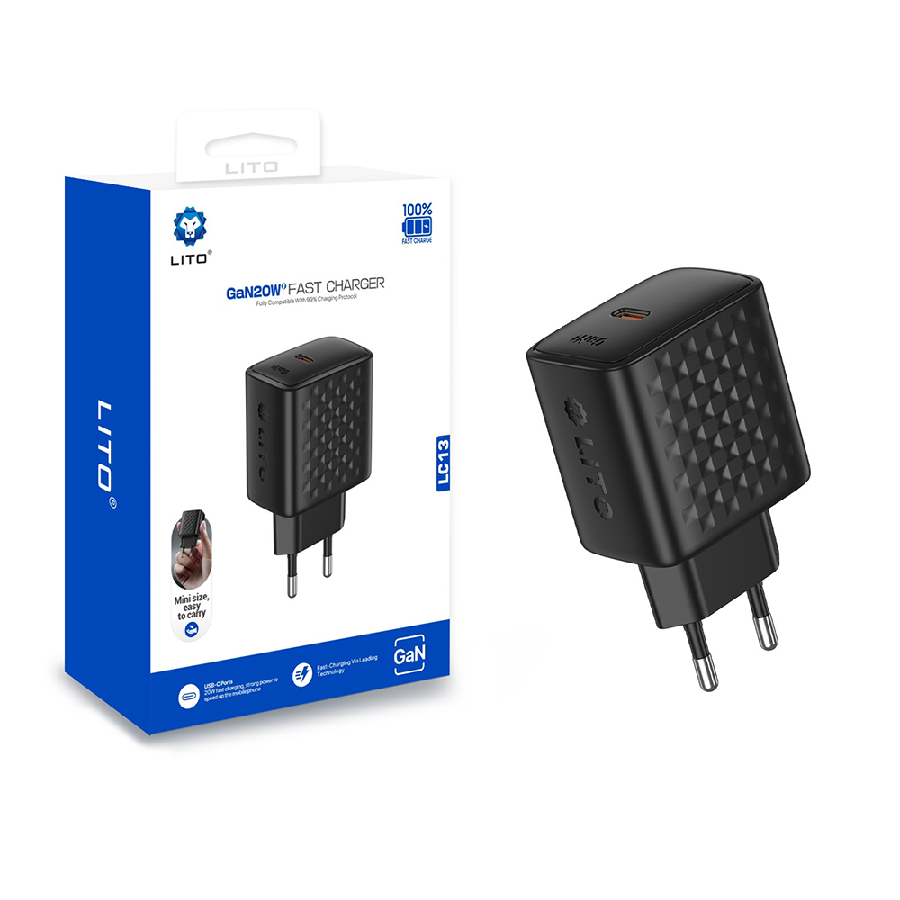 Зарядно устройство с щепсел, USB-C, 20W - Lito (LC13) - черно