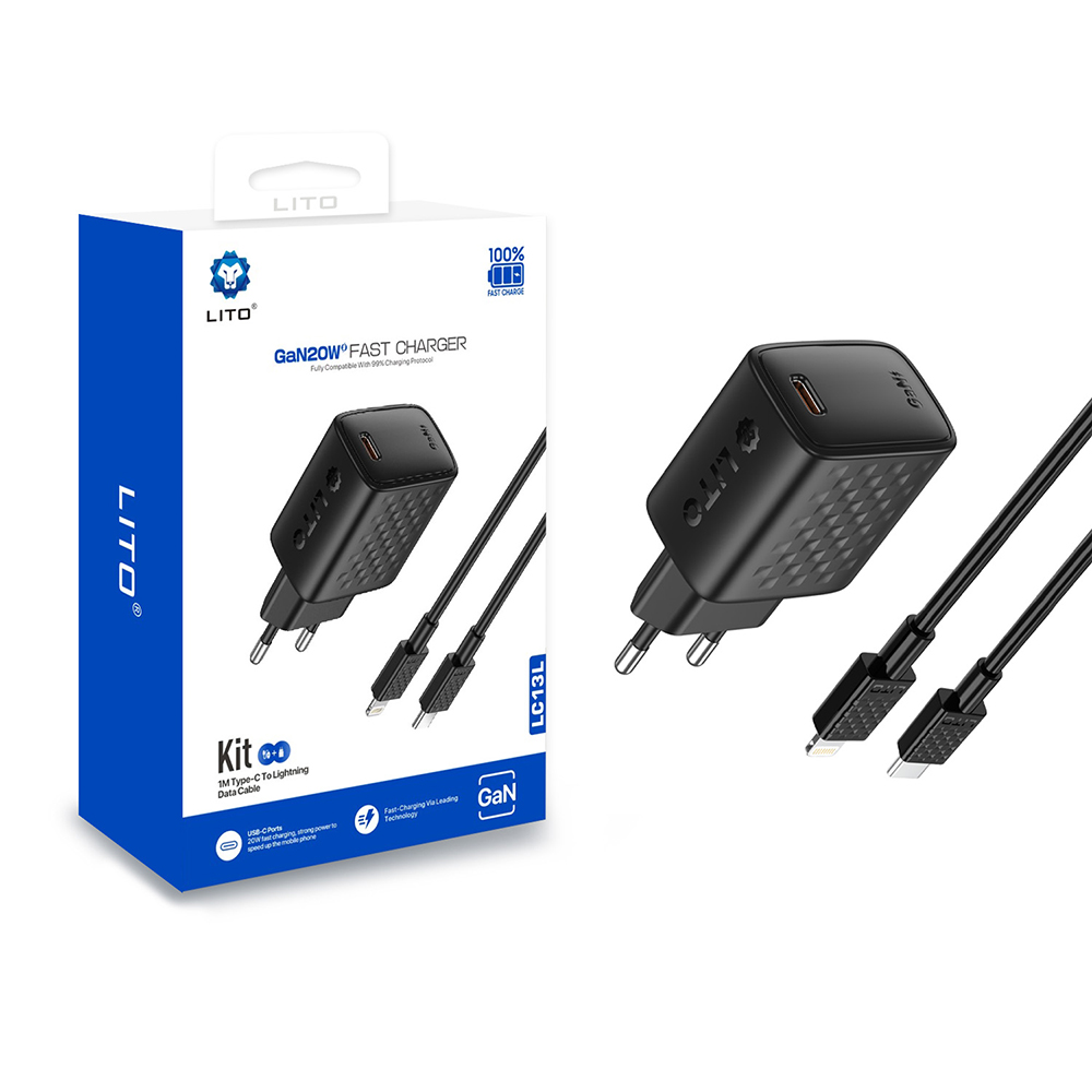 Зарядно устройство за щепсел, USB-C, 20W, включен Lightning кабел - Lito (LC13L) - Черен