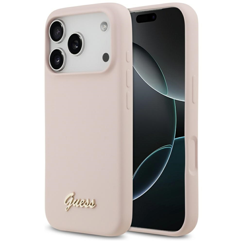 Калъф за iPhone 17 Pro - Guess Silicone Script Metal Metal Logo MagSafe (GUHMP17LSMBSLP) - светло розов