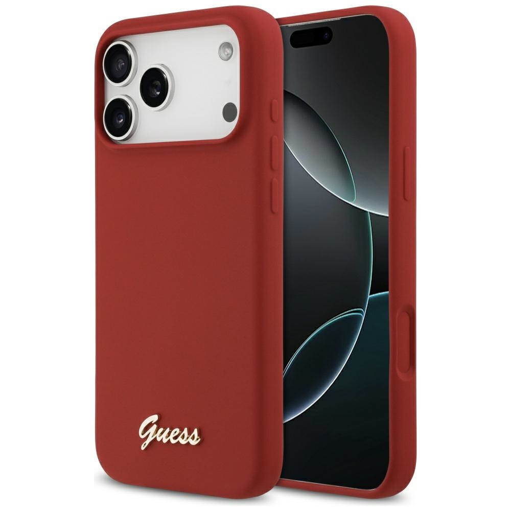 Калъф за iPhone 17 Pro Max - Guess Silicone Script Metal Metal Logo MagSafe (GUHMP17XSMSMBSLM) - Червен
