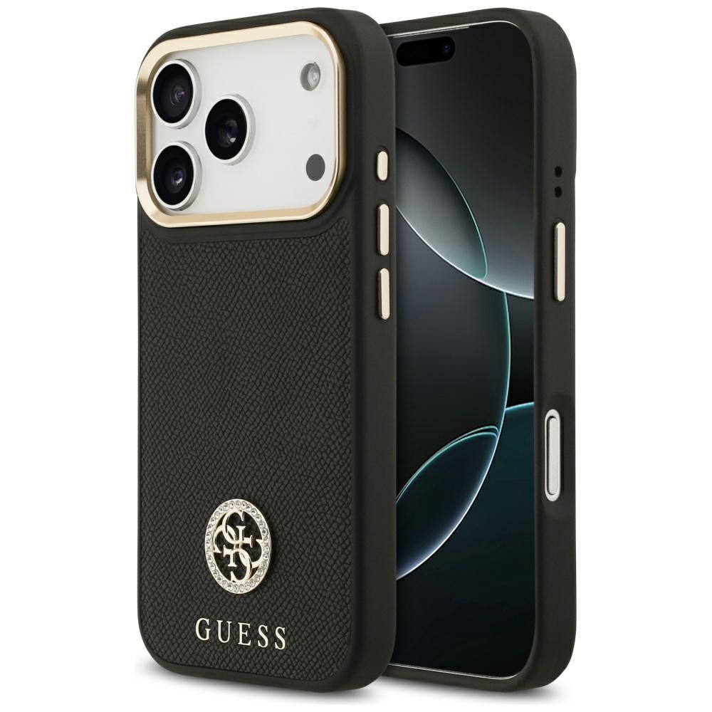 Калъф за iPhone 17 Pro - лого Guess Grained Rhinestone MagSafe (GUHMP17LPGCRMDEK) - Черен