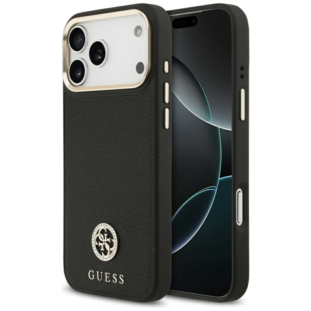 Калъф за iPhone 17 Pro Max - Guess Grained Rhinestone Logo MagSafe (GUHMP17XPGCRMDEK) - Черен