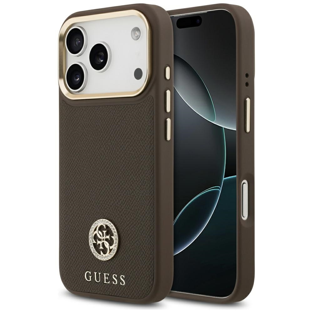 Калъф за iPhone 17 Pro - лого Guess Grained Rhinestone MagSafe (GUHMP17LPGCRMDEW) - Кафяв