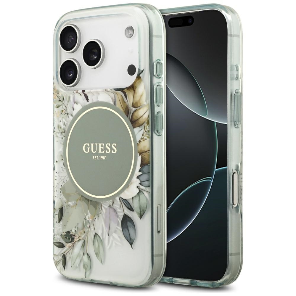 Калъф за iPhone 17 Pro - Guess IML Flower & Tonal Circle MagSafe (GUHMP17LHFHFWWBDCEN) - Зелен