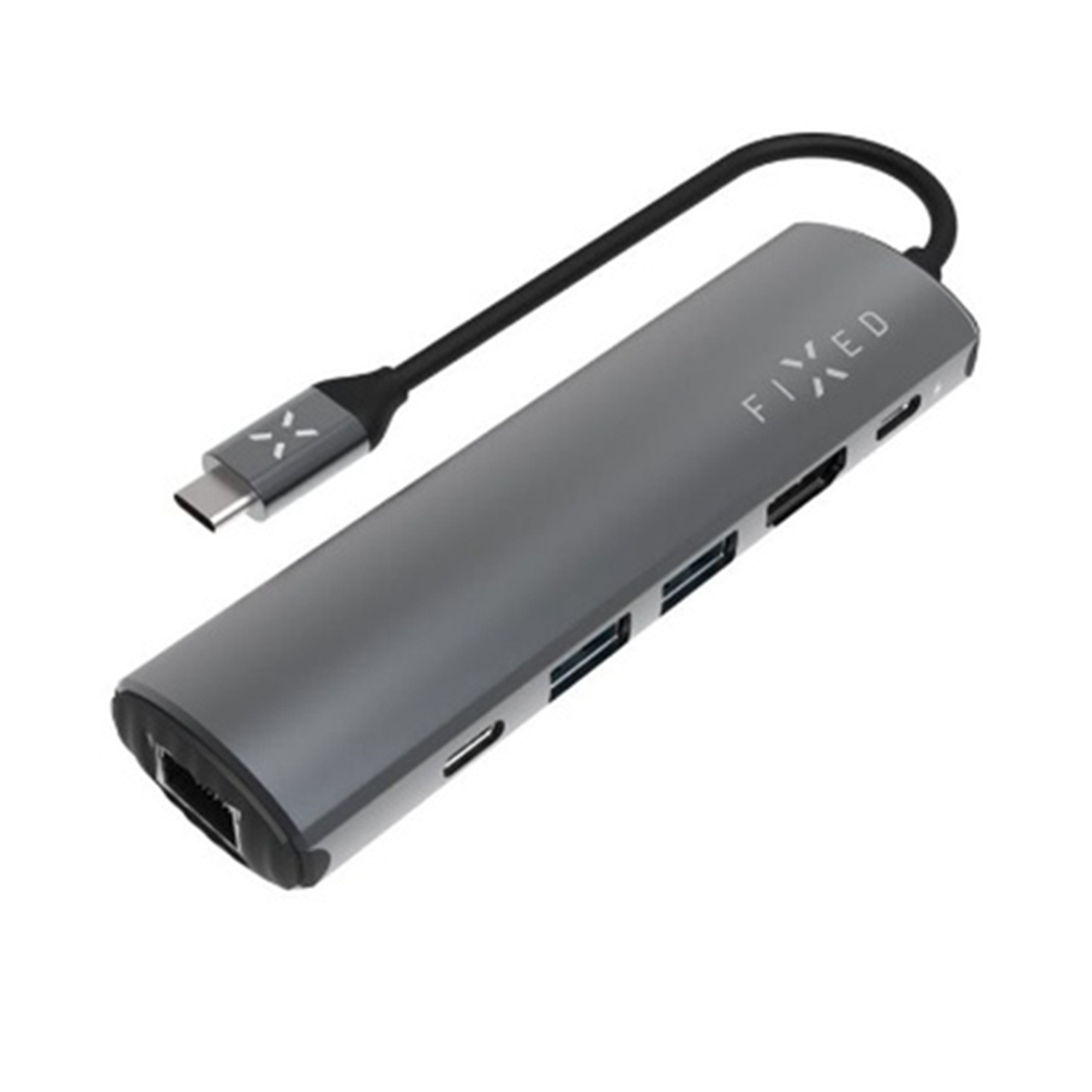 ХЪБ USB-C към HDMI, RJ45, 2x USB-C, 2x USB-A, PD100W, 4K UHD, 1000Mb/s, 10Gbps - фиксиран (FIXHU-P-GR) - Сив