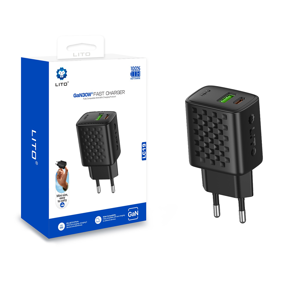 Зарядно устройство с щепсел, USB-C, USB-A, 30W - Lito (LC19) - черно