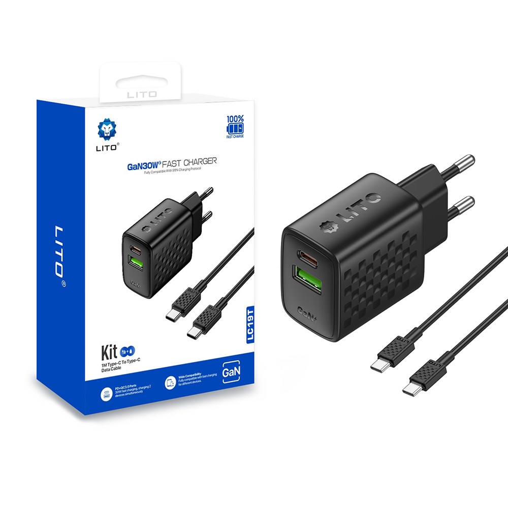 Зарядно устройство с щепсел, USB-C, USB-A, 30 W, включен USB-C кабел - Lito (LC19T) - Черен