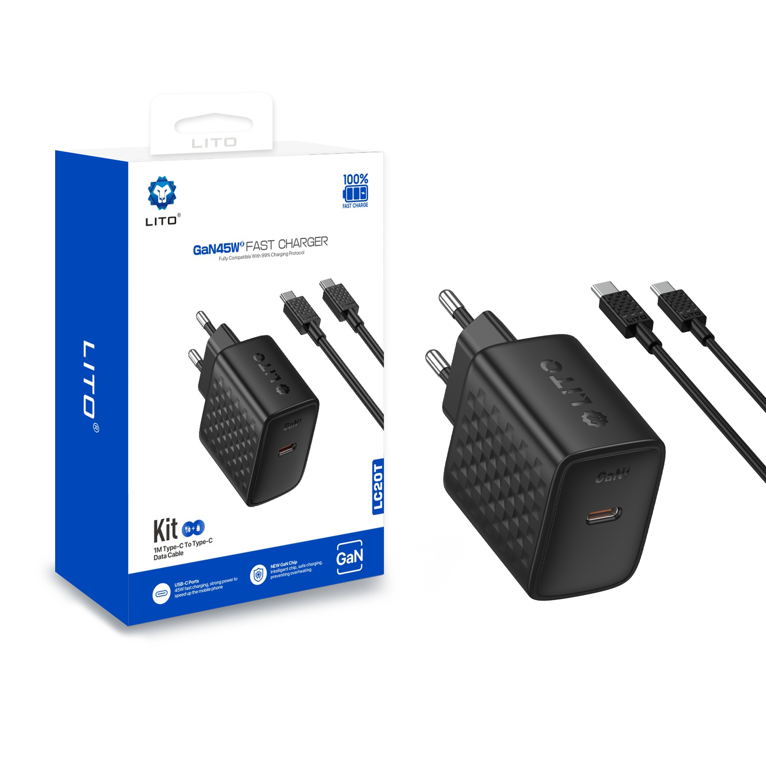 Зарядно устройство с щепсел, USB-C, 45 W, включен USB-C кабел - Lito (LC20T) - Черен