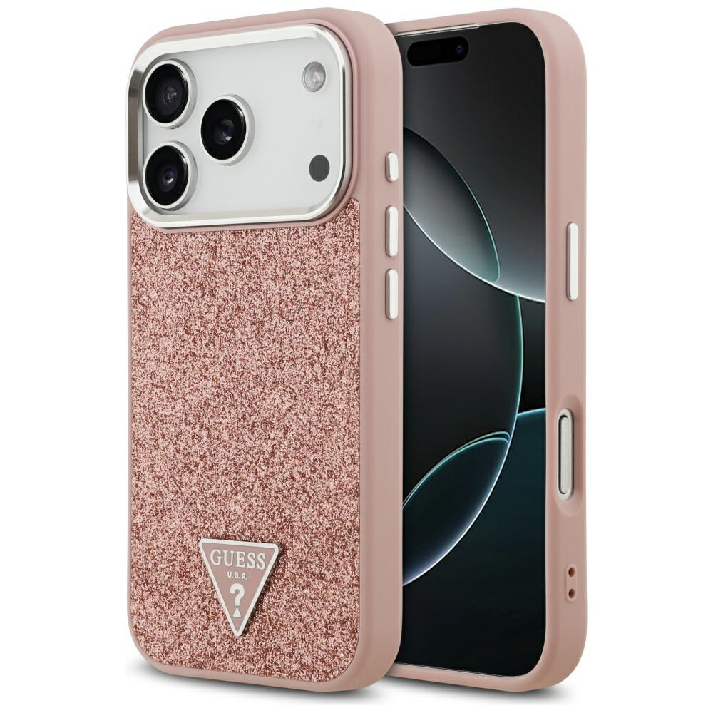 Калъф за iPhone 17 Pro - Guess Glitter Triangle Logo MagSafe (GUHMP17LPFGGTSCMP) - Розов