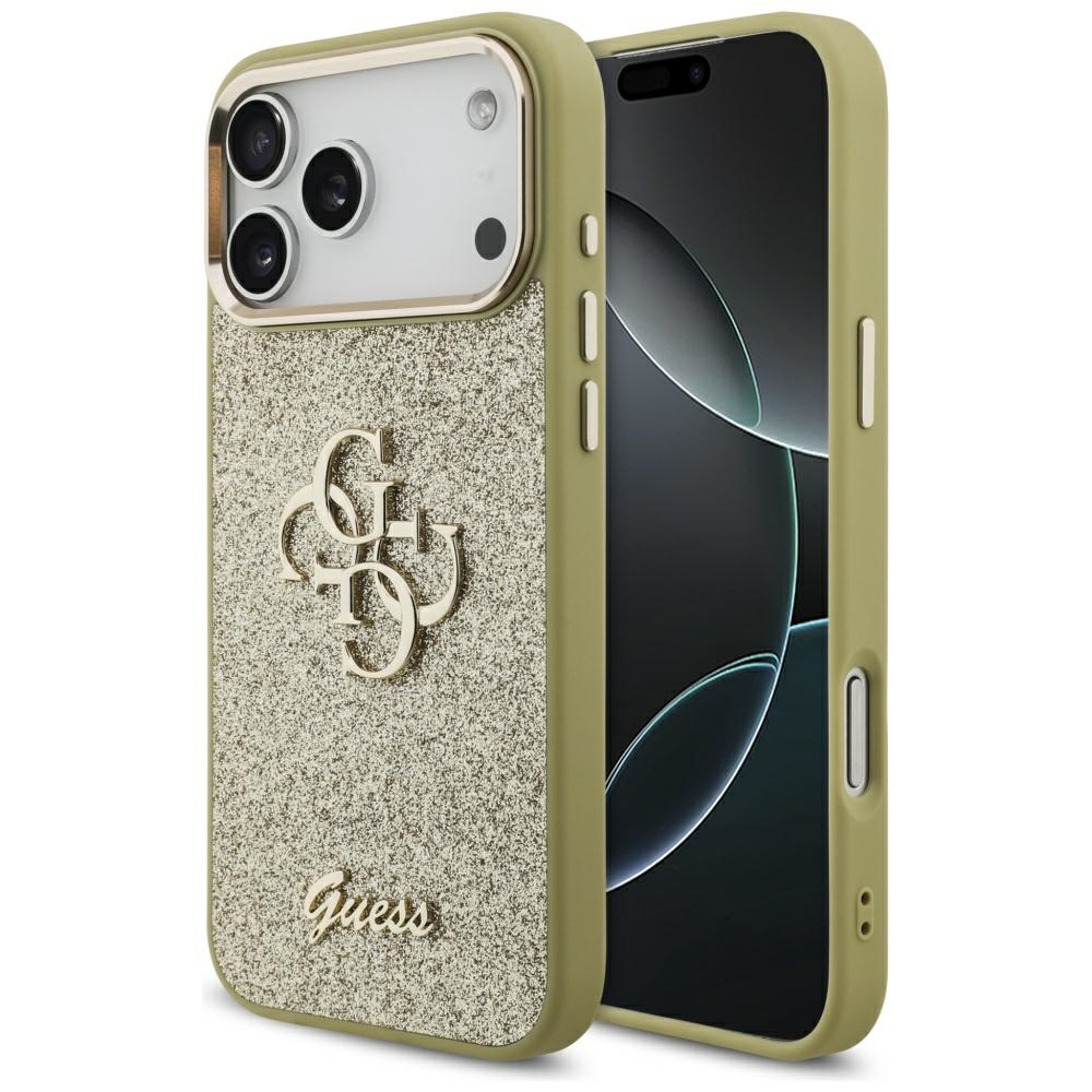 Калъф за iPhone 17 Pro Max - Guess Fixed Glitter Big 4G Metal Frame (GUHCP17XHG4SGCD) - златен
