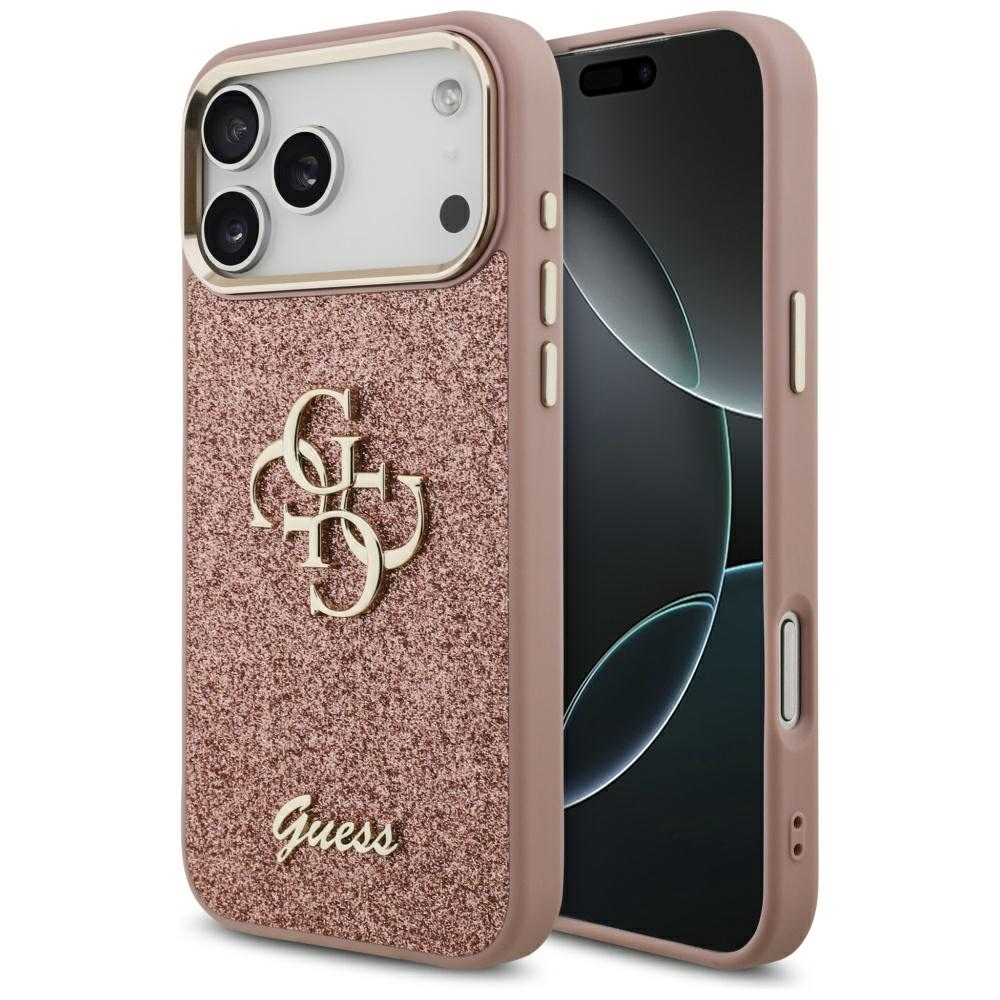 Калъф за iPhone 17 Pro Max - Guess Fixed Glitter Big 4G Metal Frame (GUHCP17XHG4SGCP) - Розов