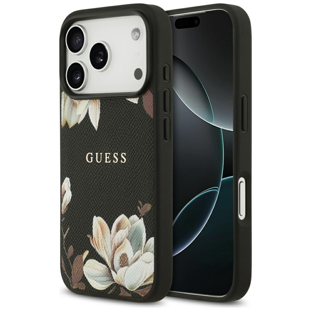 Калъф за iPhone 17 Pro - Guess Grained Flowers MagSafe (GUHMP17LPGNMPMPLMK) - Черен