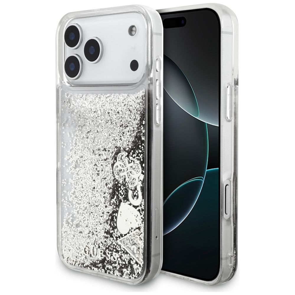 Калъф за iPhone 17 Pro - Guess Liquid Glitter Charms (GUHCP17LGLHFLSI) - Сребрист