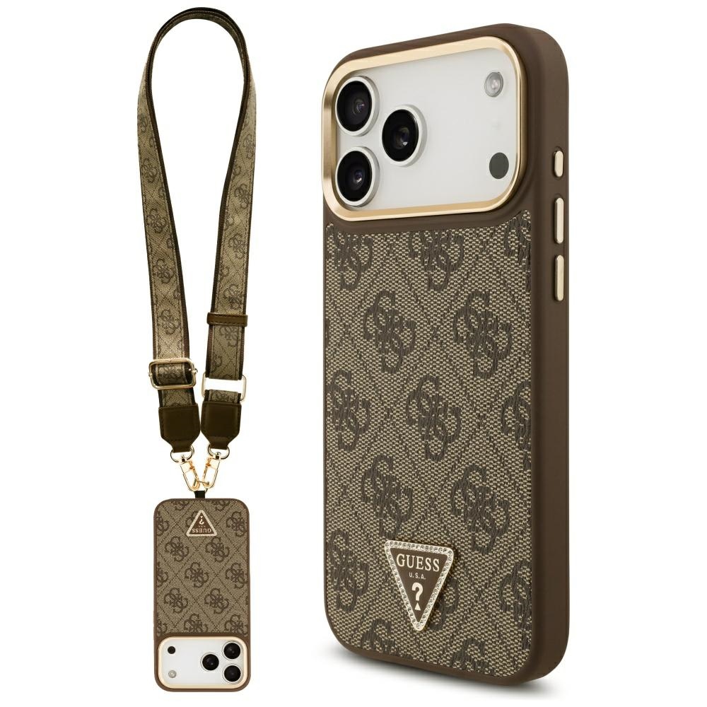 Калъф за iPhone 17 Pro Max - Guess 4G Triangle Logo with Big Strap Metal Button MagSafe Button (GUHMP17XP4G4TCSW) - Кафяв