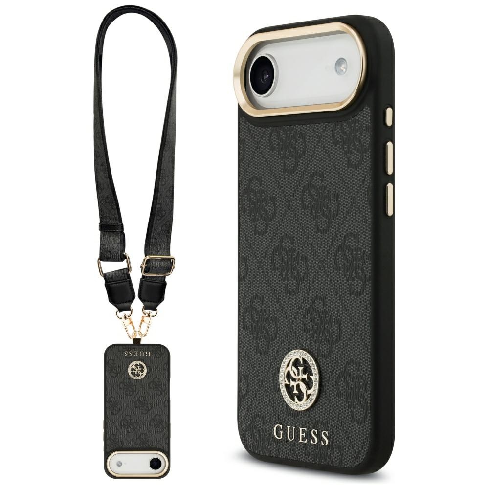 Калъф за iPhone 17 Air - Guess 4G Strass Logo with Big Strap Metal Button MagSafe (GUHMP17MP4G4DCDCSK) - Черен